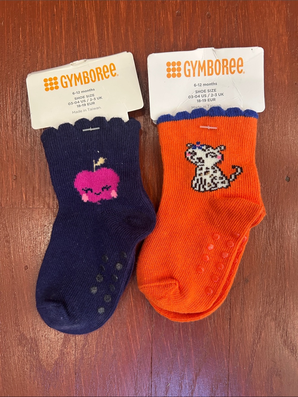 Gymboree Navy & Orange Baby Non-Skid Socks with Apple and Tiger Motifs